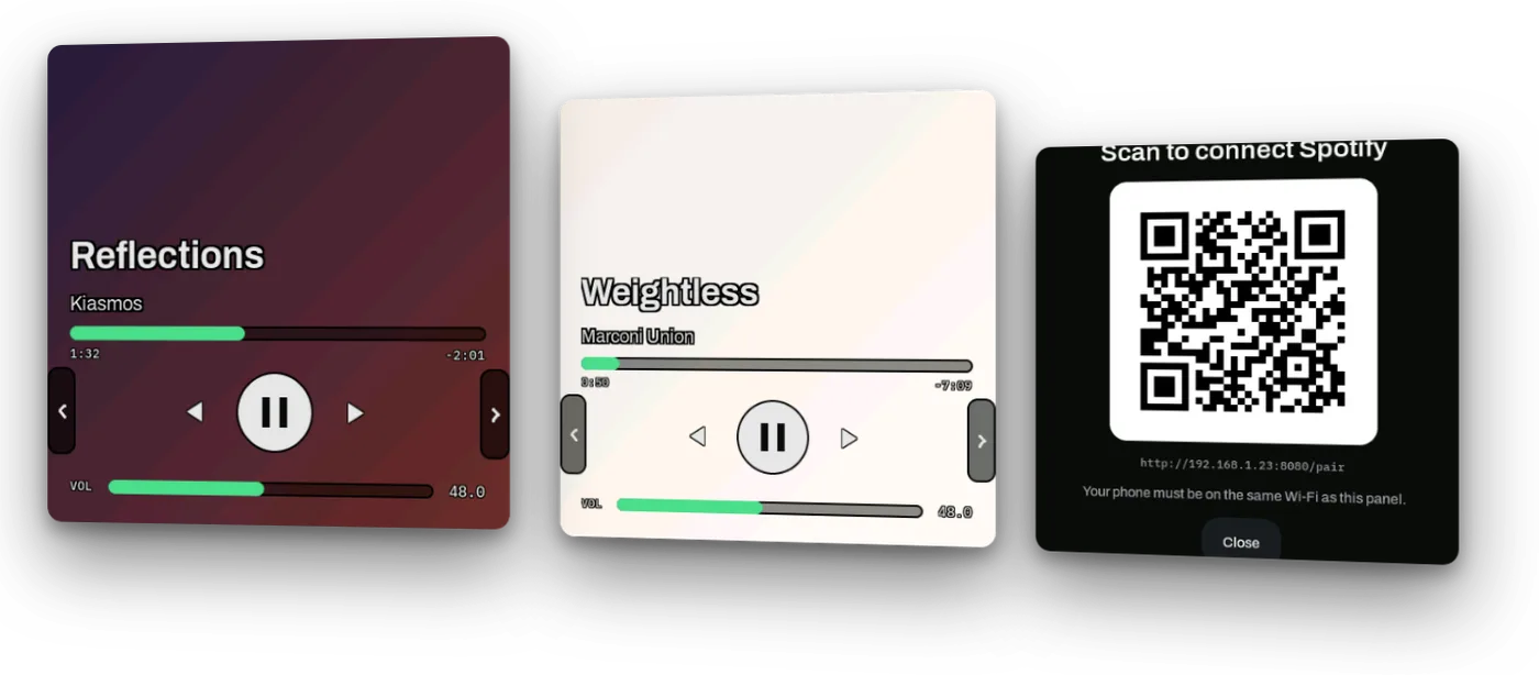 Three of the panel's screens at an angle: Reflections by Kiasmos over a dark gradient cover, Weightless by Marconi Union where the near-white cover forces the type to hold its own contrast, and a QR code for pairing Spotify from the panel itself.