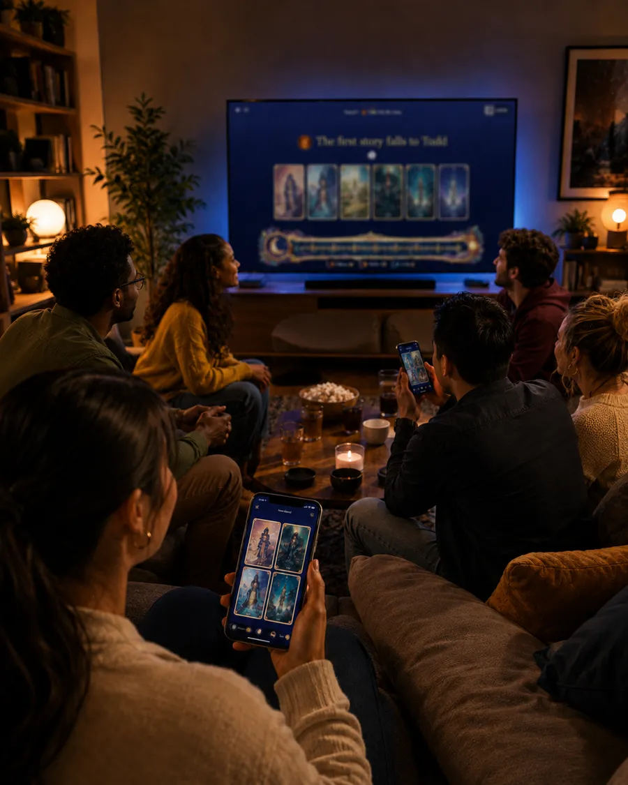 Six people in a lamp-lit living room watching a game of Digxit on the television, two of them holding phones showing their hands of cards.