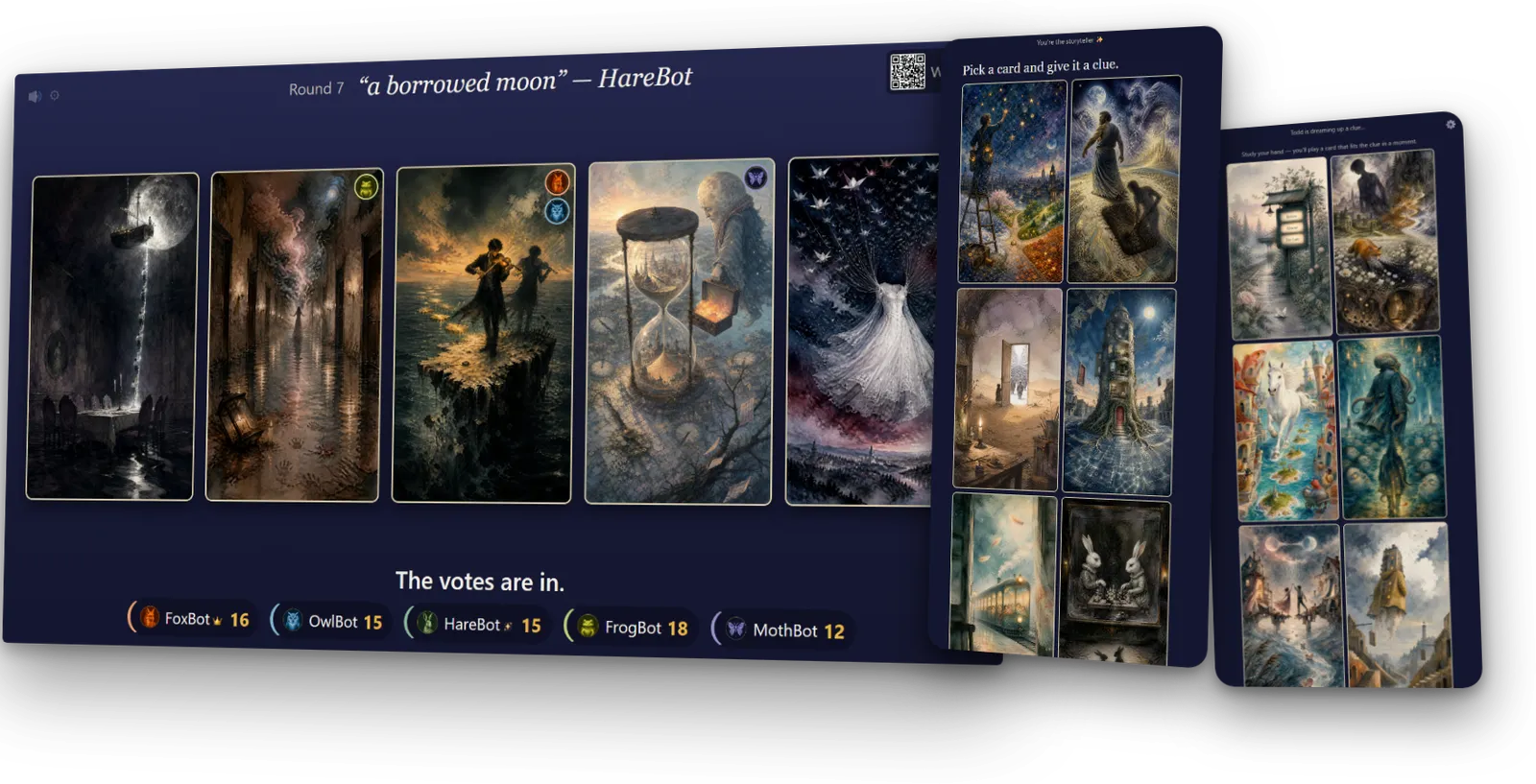 The television screen mid-round, with two phones standing at an angle in front of it. On the television, five watercolour cards face up under the clue “a borrowed moon”, vote markers on three of them, and a score rail of five players. One phone asks its player to pick a card and give it a clue; the other waits with a hand of six cards.